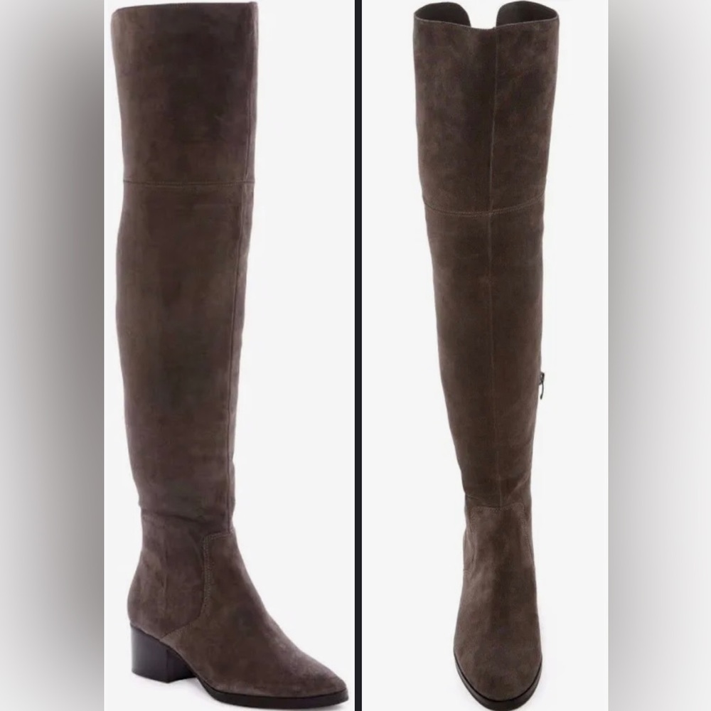 Via Spiga Women Ophira Over the Knee Suede Boots Round Toe Block Heel Suede Gray